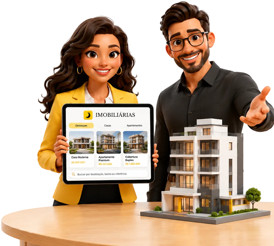 Personagens NOX Fianca apresentando painel para imobiliarias com predio e tablet