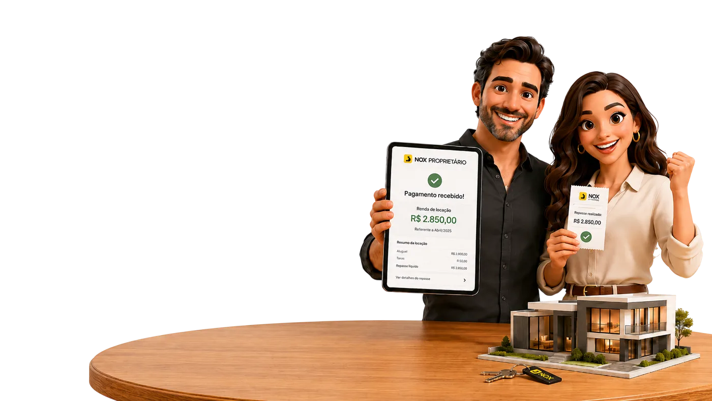Personagens NOX Fianca apresentando painel de pagamento para proprietarios com casa e mesa
